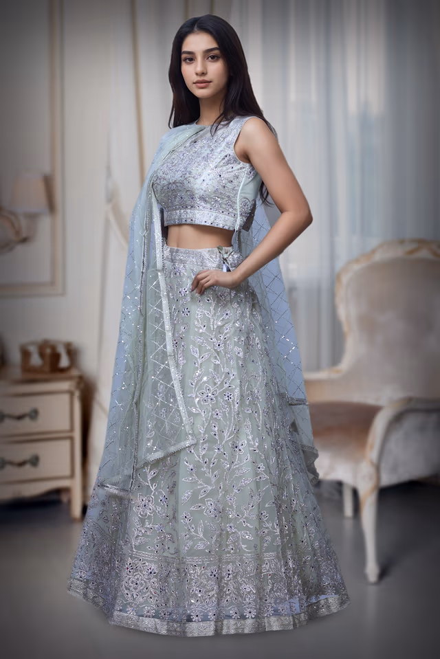 Pastel Blue Net Lehenga With Threadwork And Stone Work Details And Same Colour Dupatta — back view, rent in Coimbatore