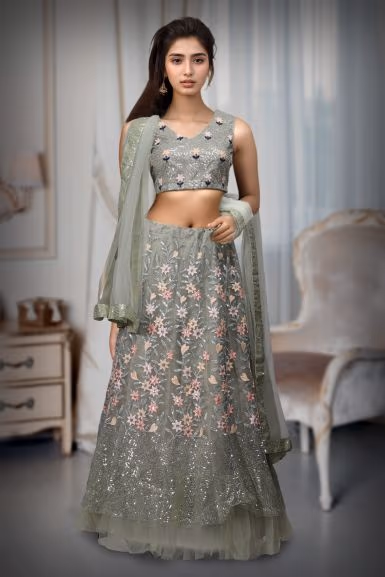 Pastel Green Net Embroidered Lehenga With Same Colour Dupatta And Blouse — back view, rent in Coimbatore