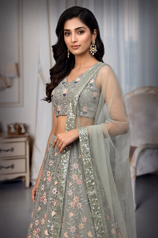 Pastel Green Net Embroidered Lehenga With Same Colour Dupatta And Blouse — rent in Coimbatore