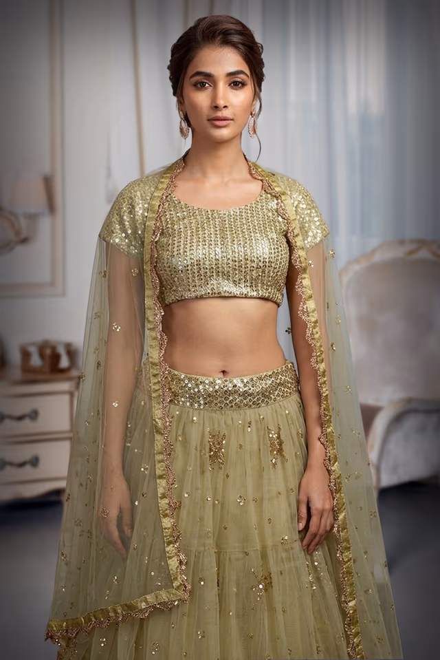 Pastel Green Net Embroidered Lehenga With Same Colour Dupatta And Blouse — rent in Coimbatore