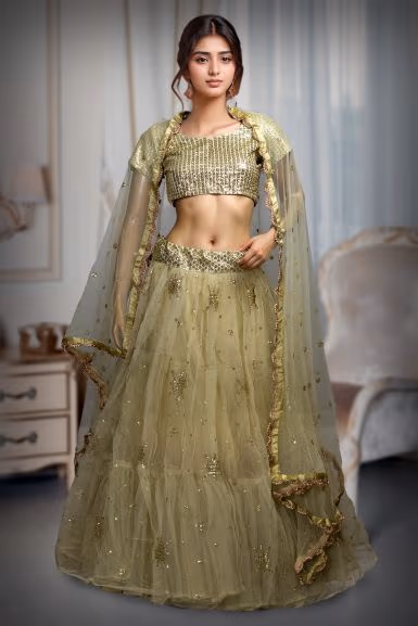 Pastel Green Net Embroidered Lehenga With Same Colour Dupatta And Blouse — back view, rent in Coimbatore