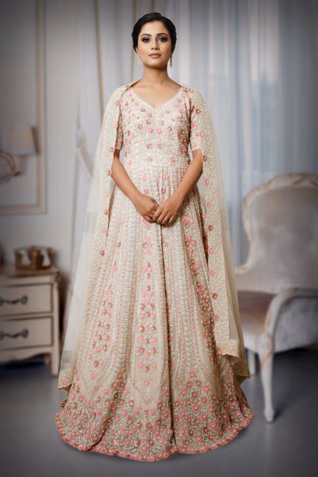 Elegant Pastel Green Wedding Outfit Features Elaborate Stone Work And Rich Textures — back view, rent in Calicut
