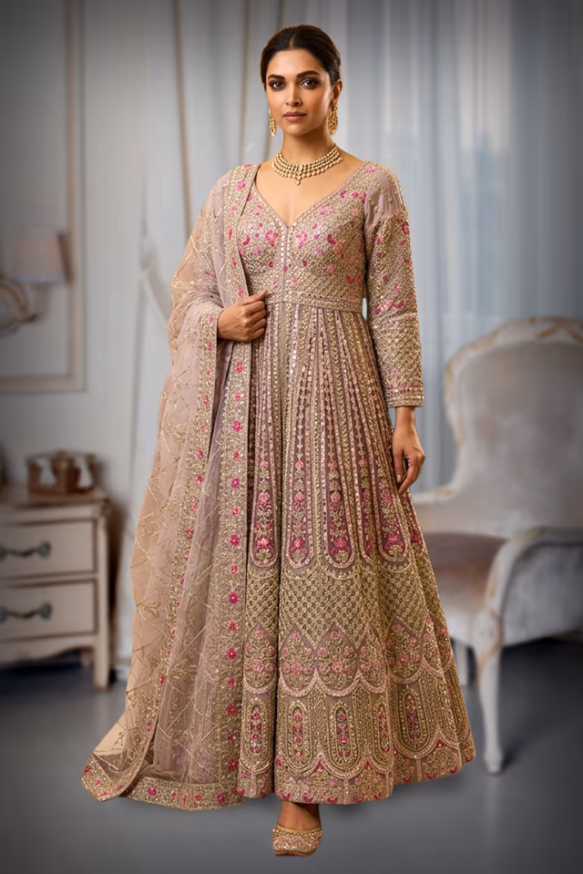 Pastel Mauve Floor-Length Anarkali with Fuchsia Floral Embroidery — back view, rent in Kochi
