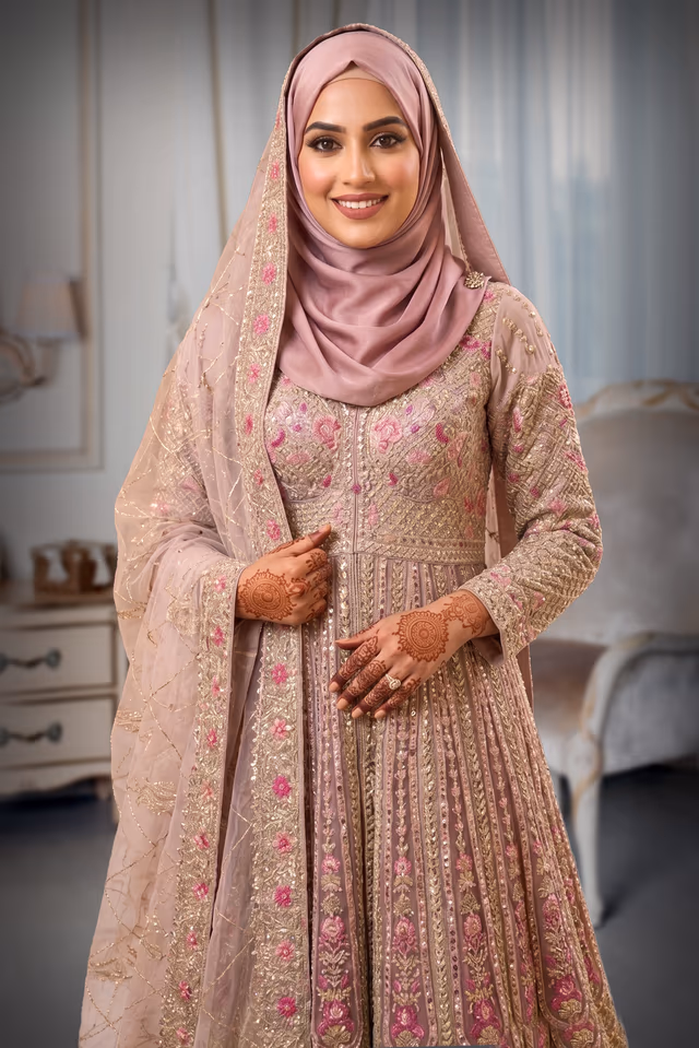 Pastel Mauve Floor-Length Anarkali with Fuchsia Floral Embroidery — rent in Kochi