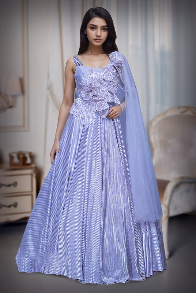 Pastel Mauve Satin Lycra Gown With Floral Embellishment — back view, rent in Coimbatore