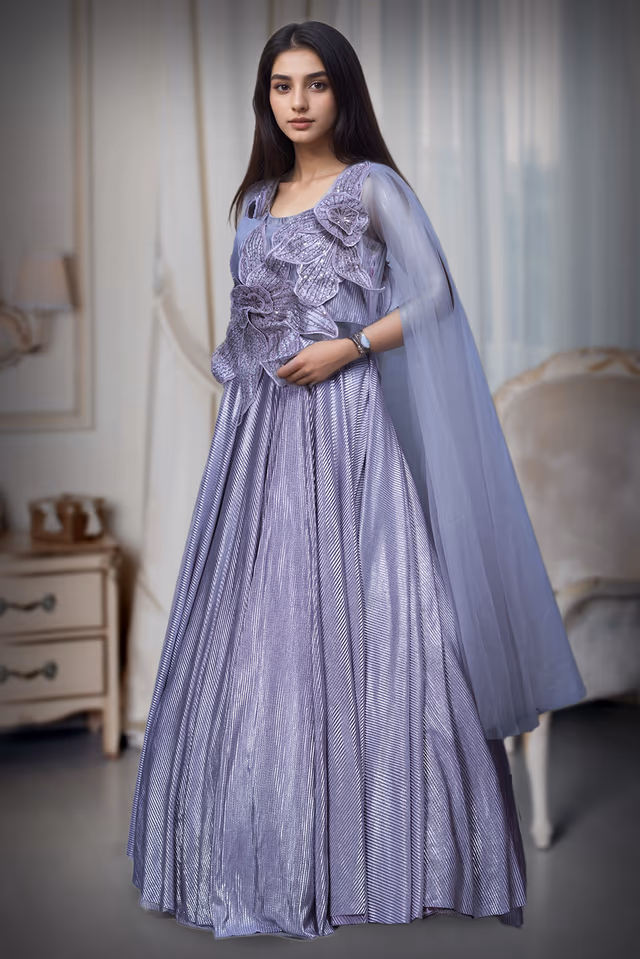 Pastel Mauve Satin Lycra Gown With Floral Embellishment — rent in Coimbatore