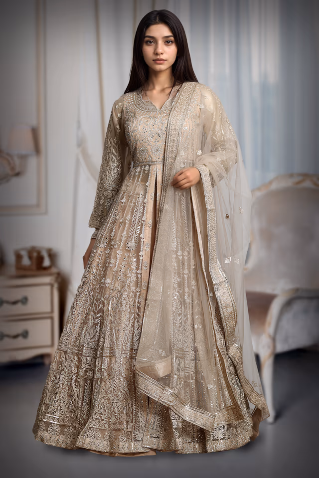 Pastel Peach Anarkali Lehenga With Exquisite Threadwork details — back view, rent in Kochi