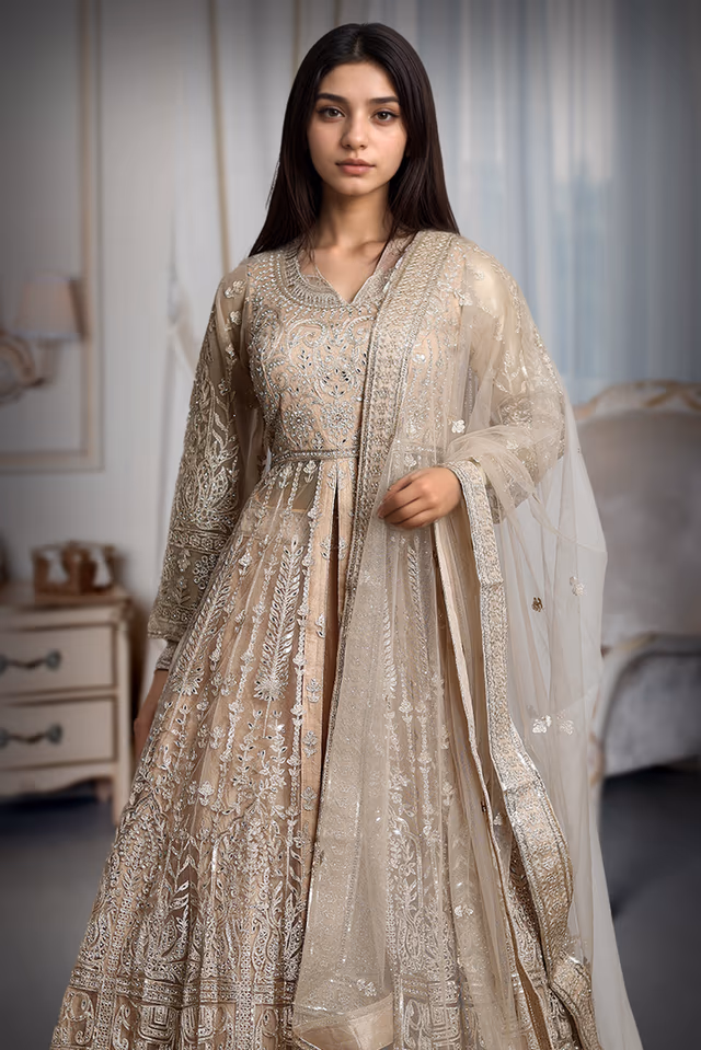 Pastel Peach Anarkali Lehenga With Exquisite Threadwork details — rent in Kochi