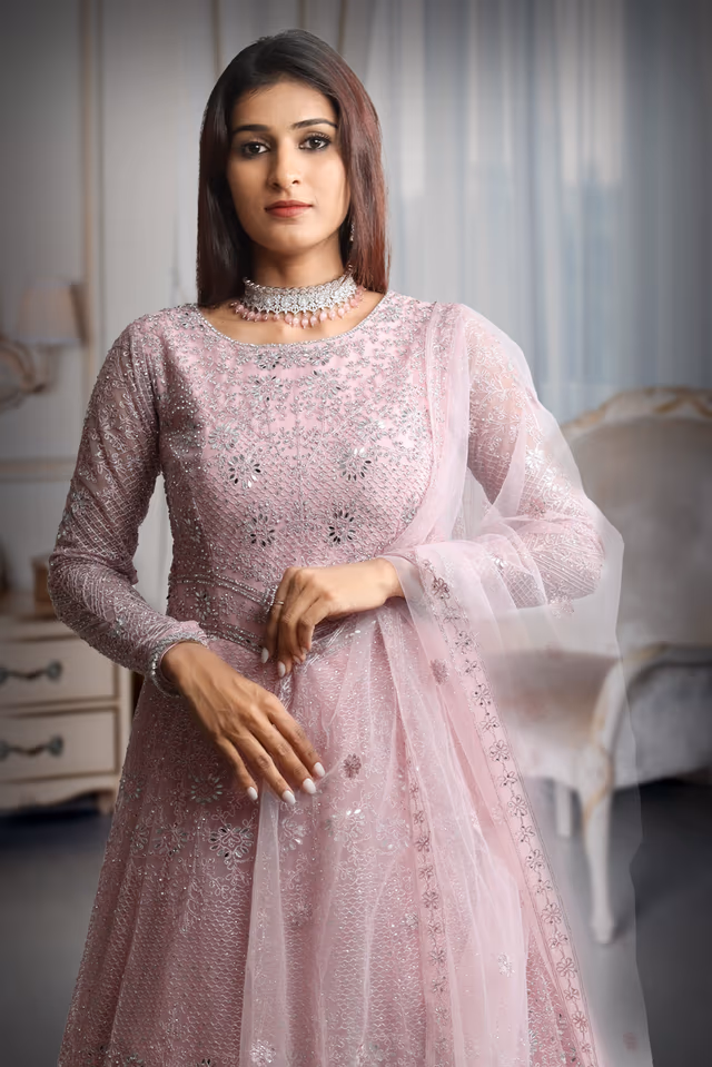 Pastel Pink Full Sleeve Gown With Stone Work Detailing And Sea Colour Dupatta — rent in Bangalore