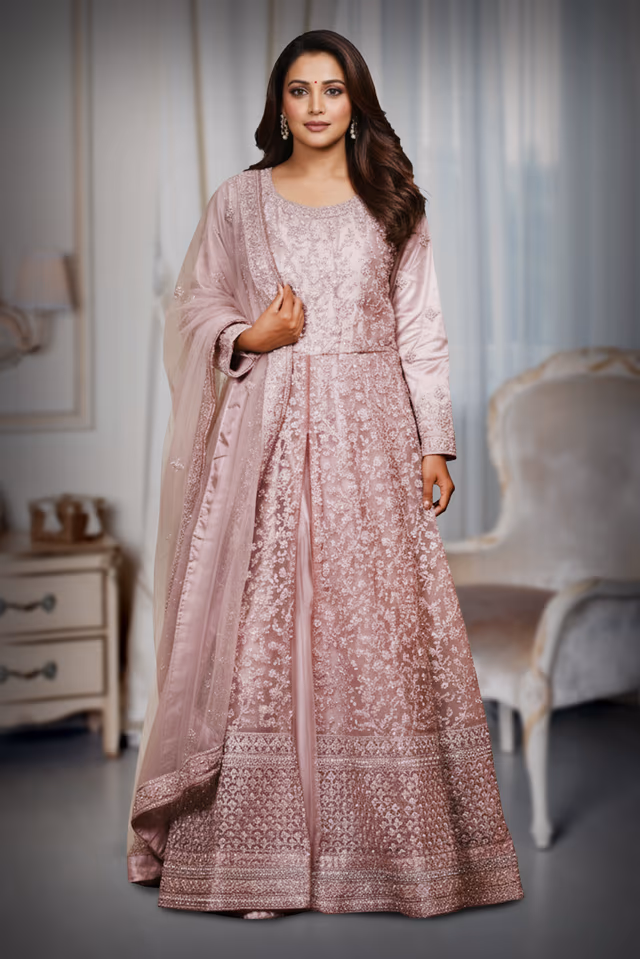 Pastel Pink Pre Wedding Gown With Thread And Sequins Embroidery All Over The Gown — back view, rent in Calicut