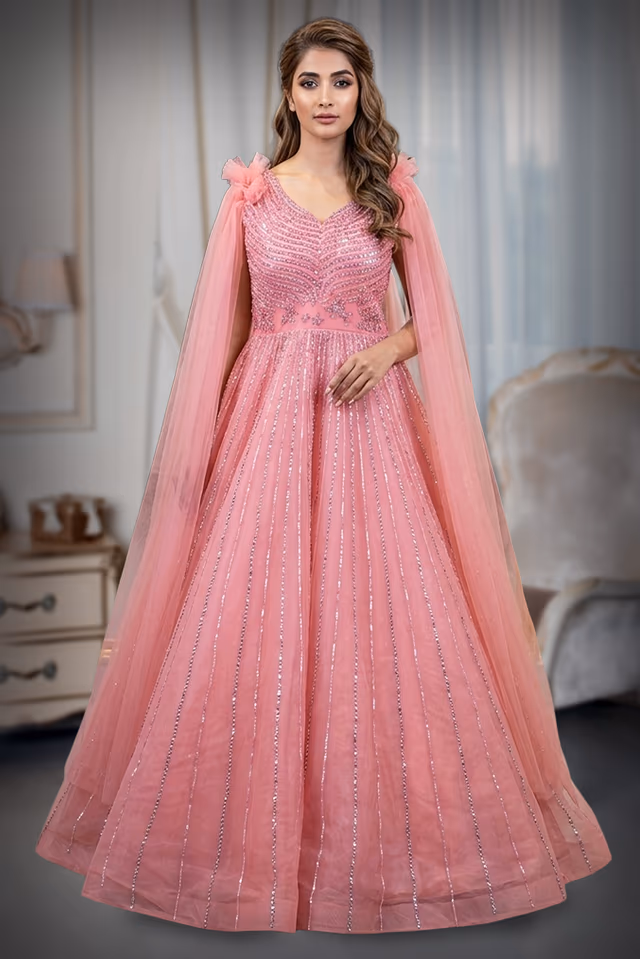 An Elegant Peach Flared Gown Along With Dropped Sleeve Dupatta — back view, rent in Coimbatore