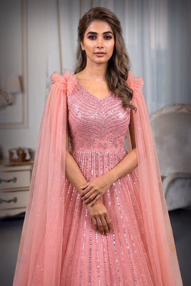 An Elegant Peach Flared Gown Along With Dropped Sleeve Dupatta — rent in Coimbatore
