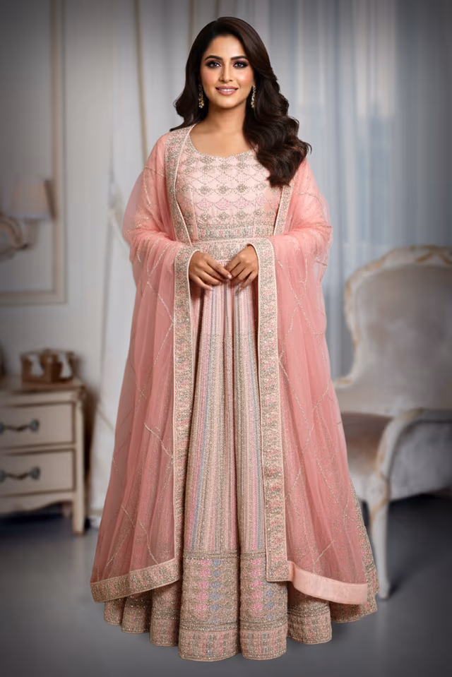Beautiful Peach Pink Floor Length Gown Featuring Scalloped Bodice Detail Vertical Shimmering… — back view, rent in Calicut