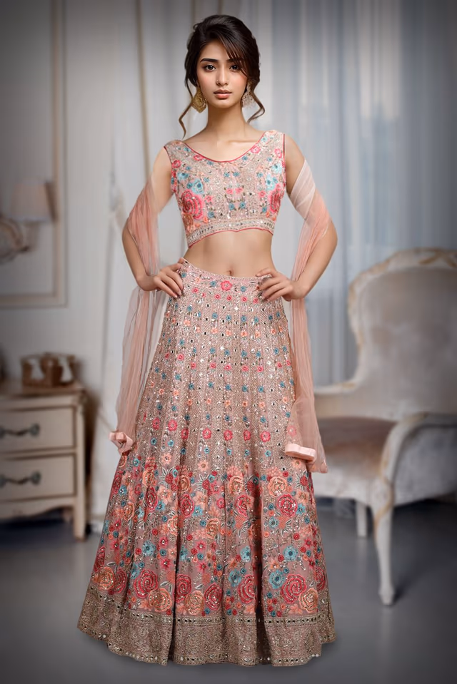 Pink Georgette Lehenga With Heavy Floral Embellishment And Sequin Work That Comes With A… — back view, rent in Coimbatore