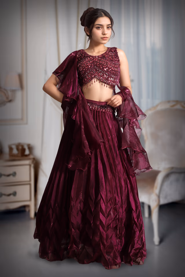 Plum Purple Frilled Lehenga With Stone Worked Crop Top Along With Frilled Dupatta — back view, rent in Kochi