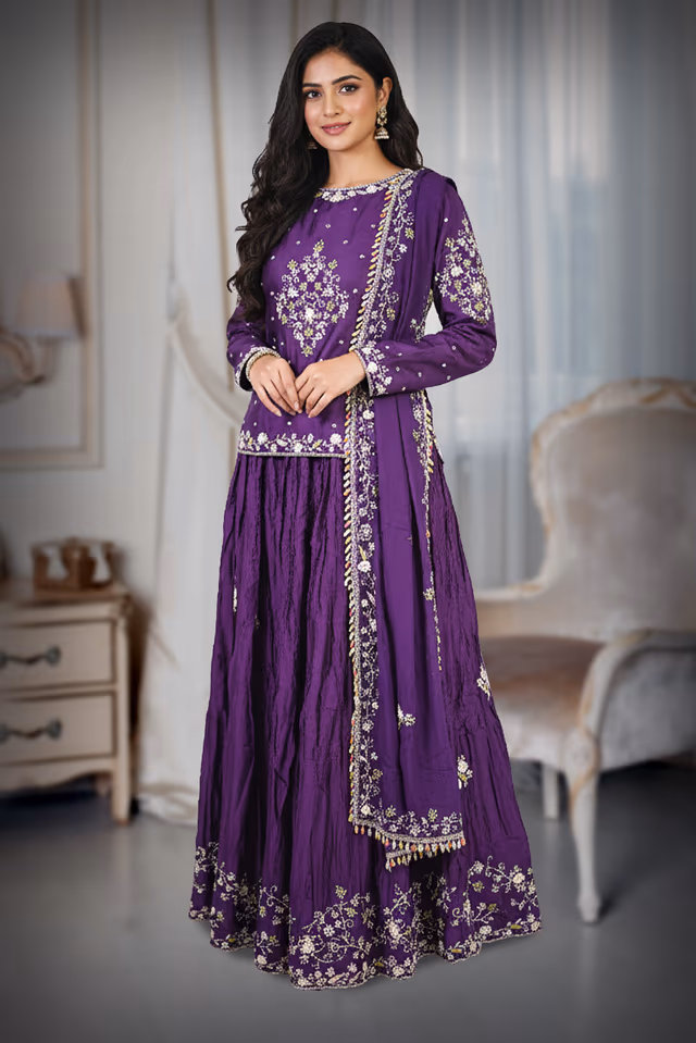 Purple Chanderi Ghagra — back view, rent in Bangalore