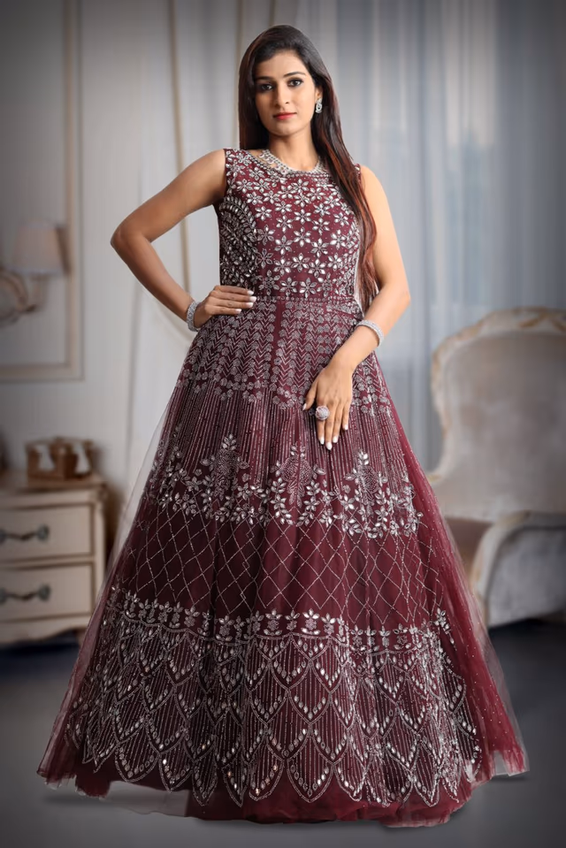 Purple color heavy stone work net sleeveless gown — back view, rent in Bangalore