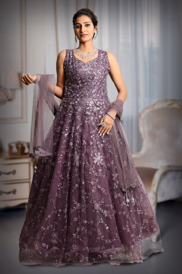 Purple Colour Heavy Stone work Net Sleeveless Gown With Exquisite Detailing — back view, rent in Coimbatore