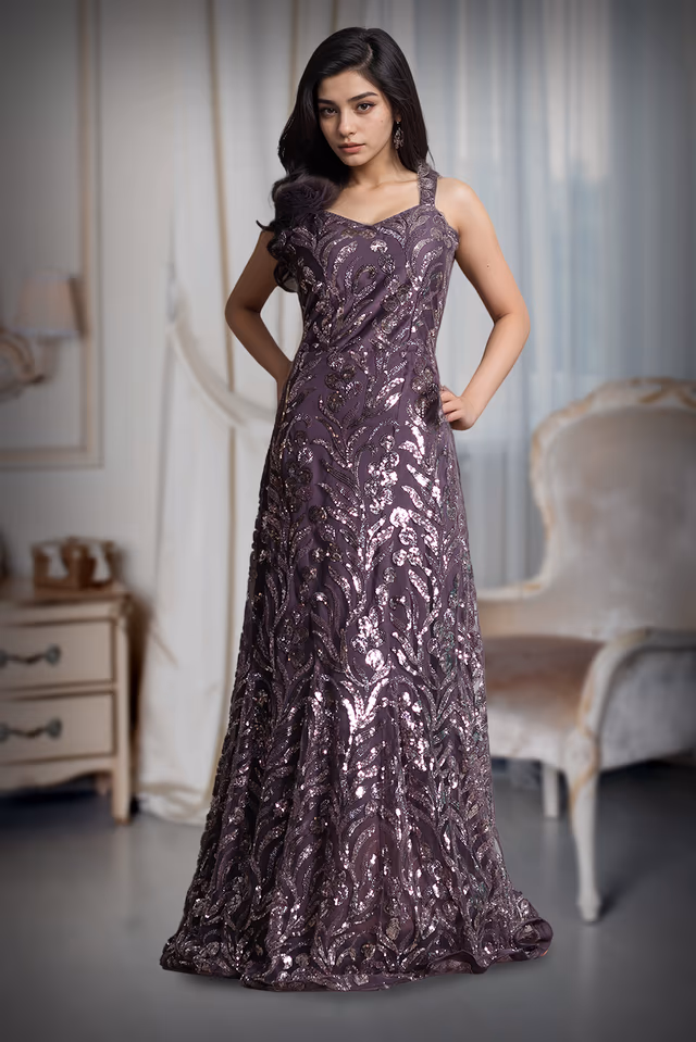 Purple Heavy Embellished Mermaid Gown With Flower Detail On Shoulder — back view, rent in Kochi