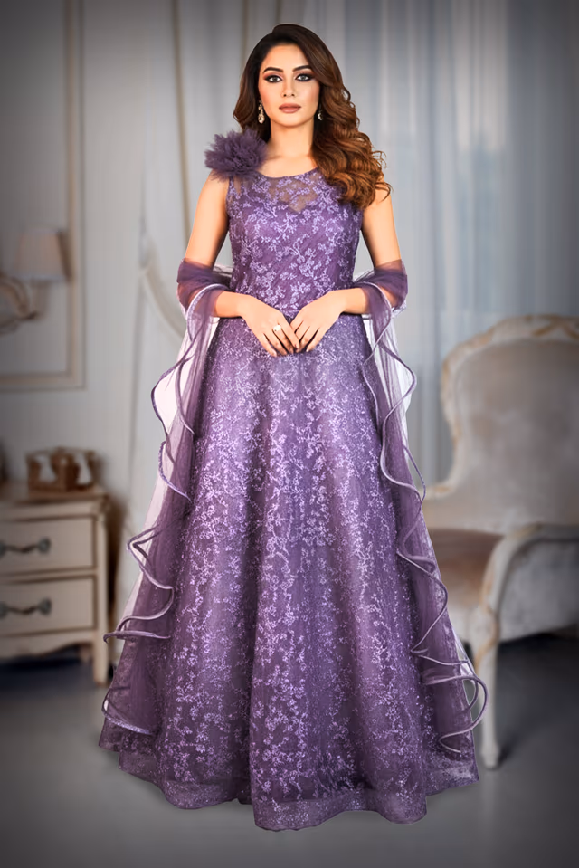Purple Mesh Ball Gown with Floral Self Work, Asymmetrical Neckline, 3D Shoulder Flower and… — back view, rent in Bangalore