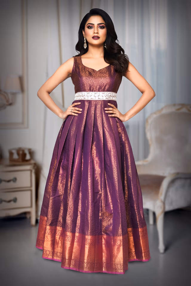 Purple shade Brocade silk gown — back view, rent in Bangalore