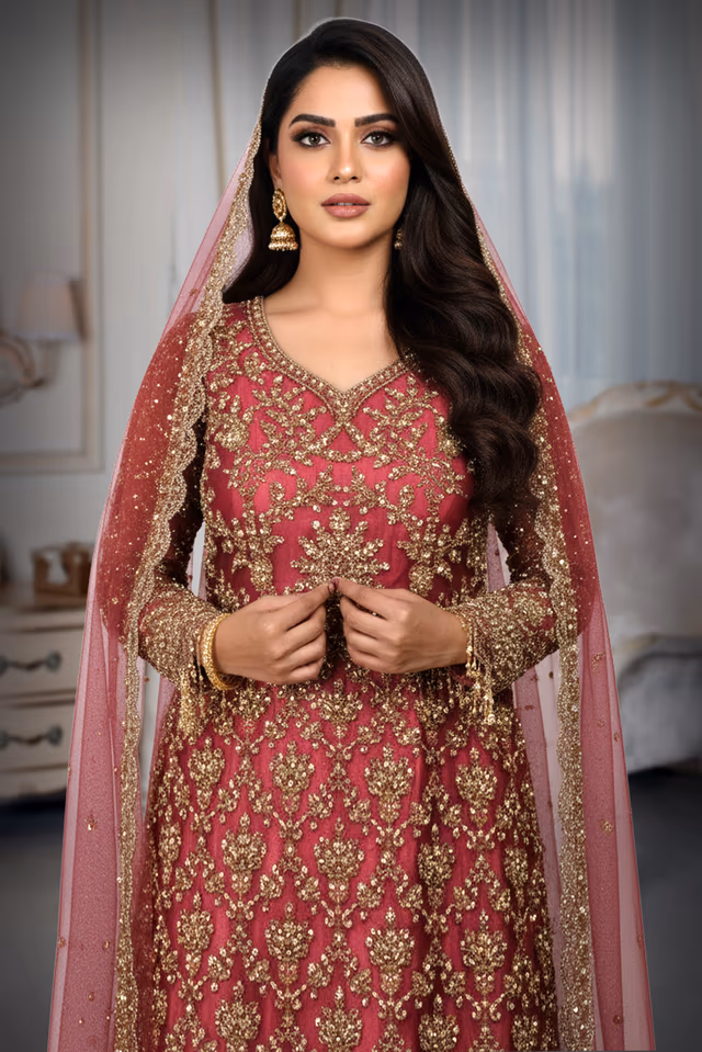 Radiant Gold Patterns Beautifully Contrast Against The Elegant Dark Mauve Fabric Of This Lehenga — rent in Calicut