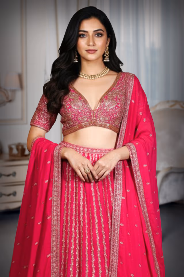 Rani Pink Pre Wedding Lehenga With Golden Embellishment Detail And Same Color Dupatta — rent in Calicut