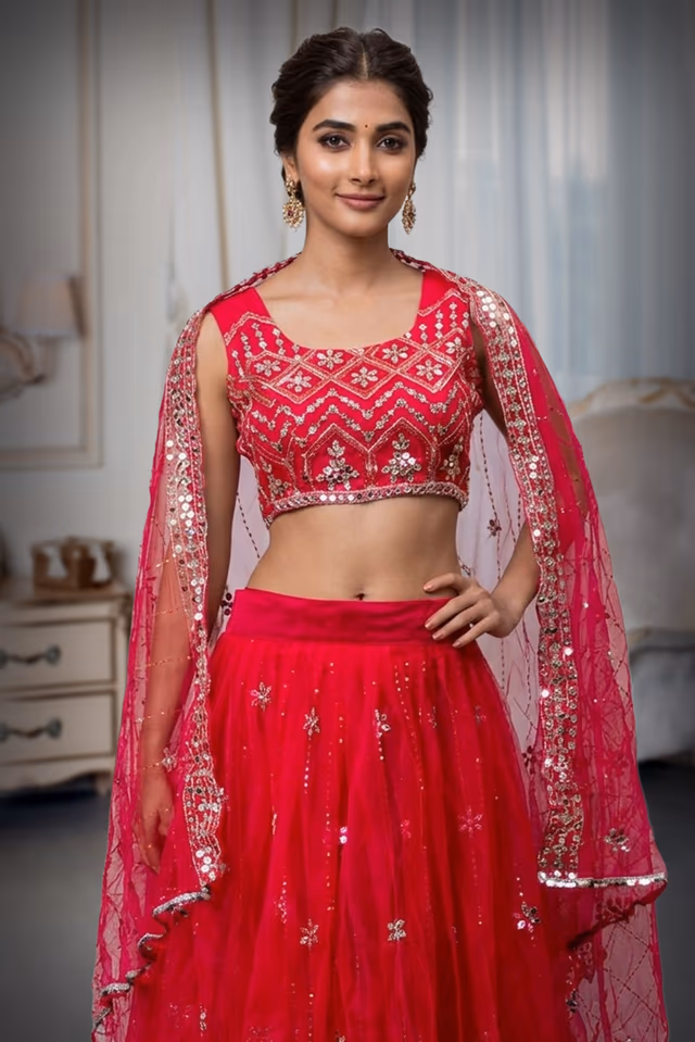 Rani pink Net Lehenga With Minimal Mirror Work Detailing With Sleeveless Blouse And Same Colour Dupatta — rent in Coimbatore