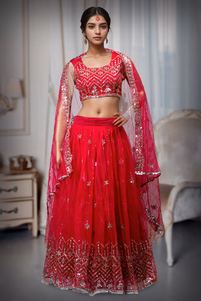 Rani pink Net Lehenga With Minimal Mirror Work Detailing With Sleeveless Blouse And Same… — back view, rent in Coimbatore