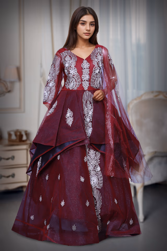 Red Net Gown With Heavy Embellished Golden Stone Work In Yoke Part — back view, rent in Bangalore
