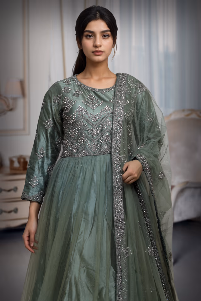 Sea Green Bridal Gown With Stone Work Embellishment Along With Same Color Dupatta — rent in Coimbatore