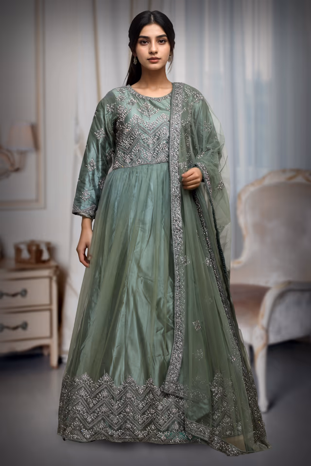 Sea Green Bridal Gown With Stone Work Embellishment Along With Same Color Dupatta — back view, rent in Coimbatore