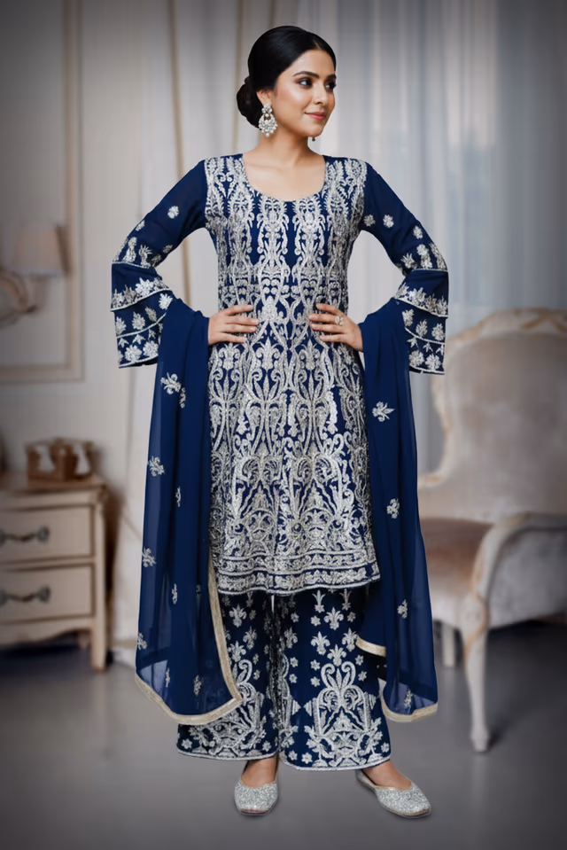 Sharara in the silver embroidered with a parllel pants — back view, rent in Bangalore