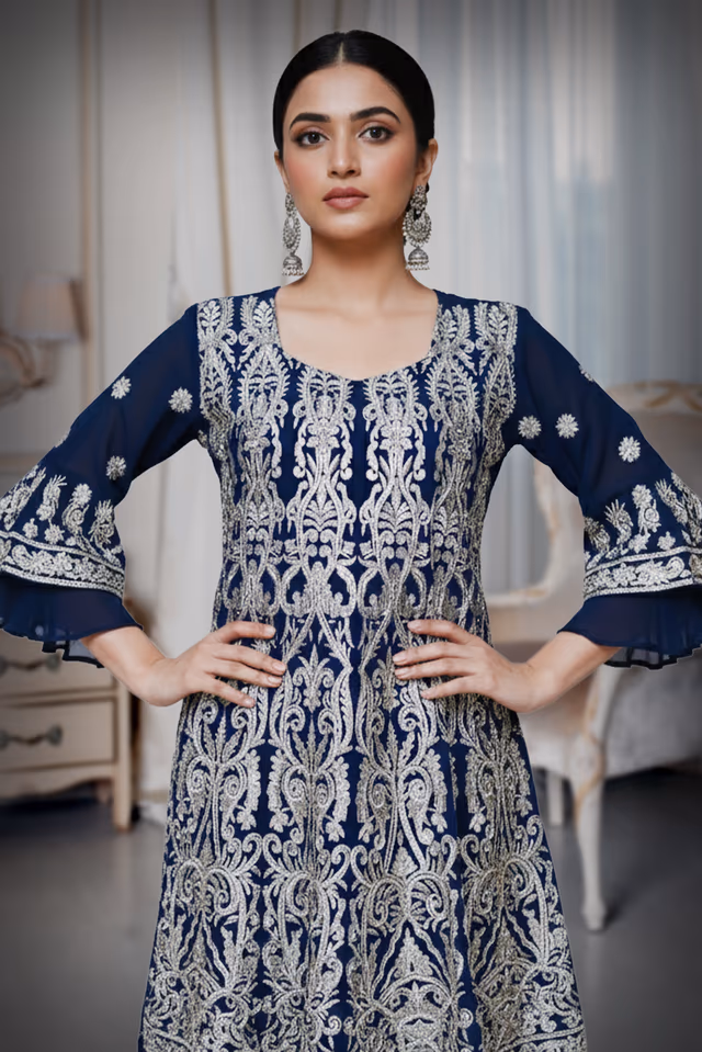 Sharara in the silver embroidered with a parllel pants — rent in Bangalore