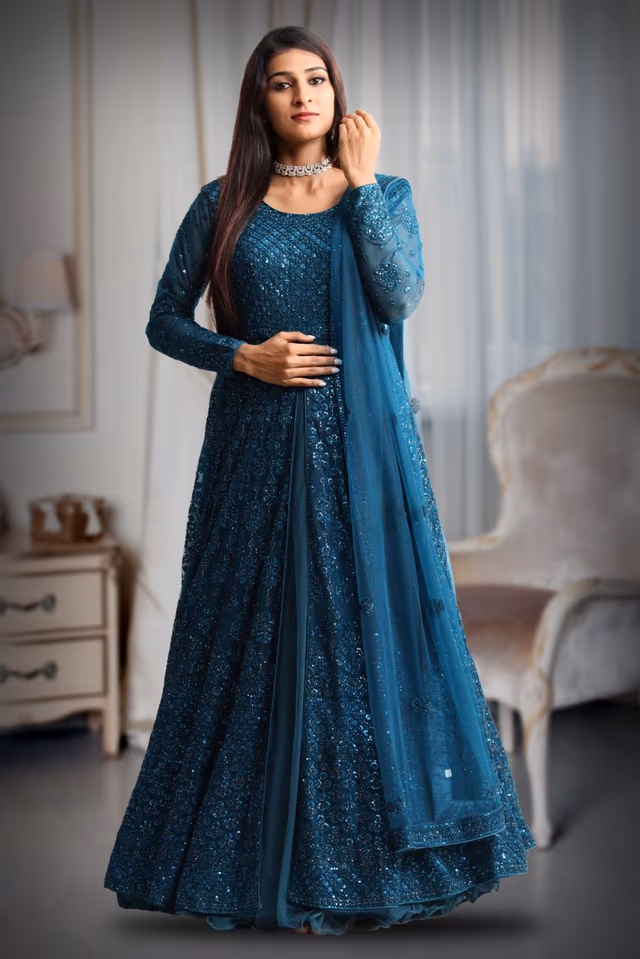 Spruce blue colour shimmery full sleeve gown with same colour dupatta — back view, rent in Coimbatore
