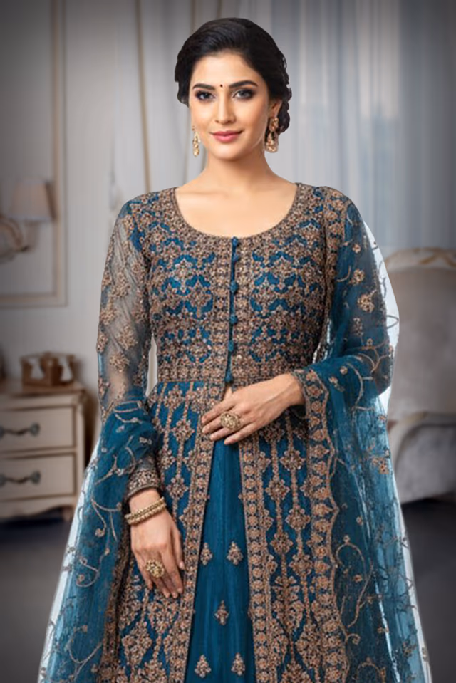 Spruce Blue Pre Wedding Gown With Thread And Sequins Embroidery All Over The Gown — rent in Calicut