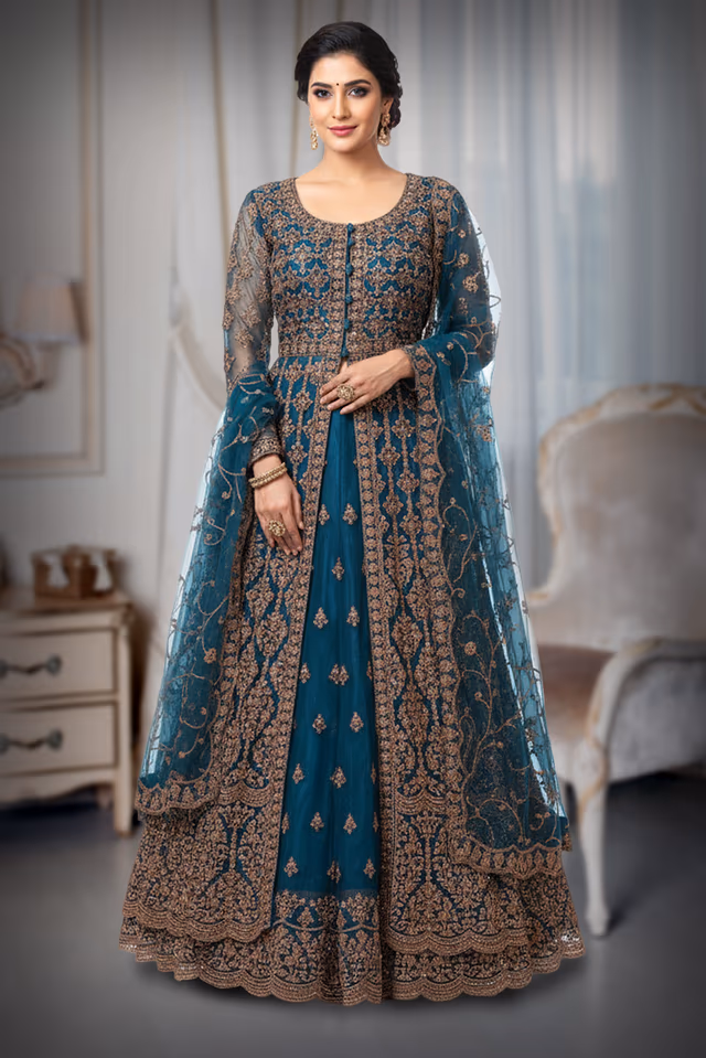 Spruce Blue Pre Wedding Gown With Thread And Sequins Embroidery All Over The Gown — back view, rent in Calicut