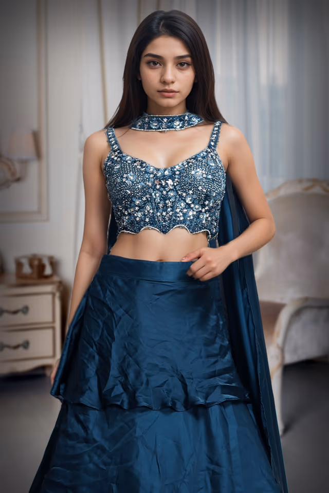 Spruce Blue Multilayered Pre Wedding Lehenga With Same Color Dupatta — rent in Kochi