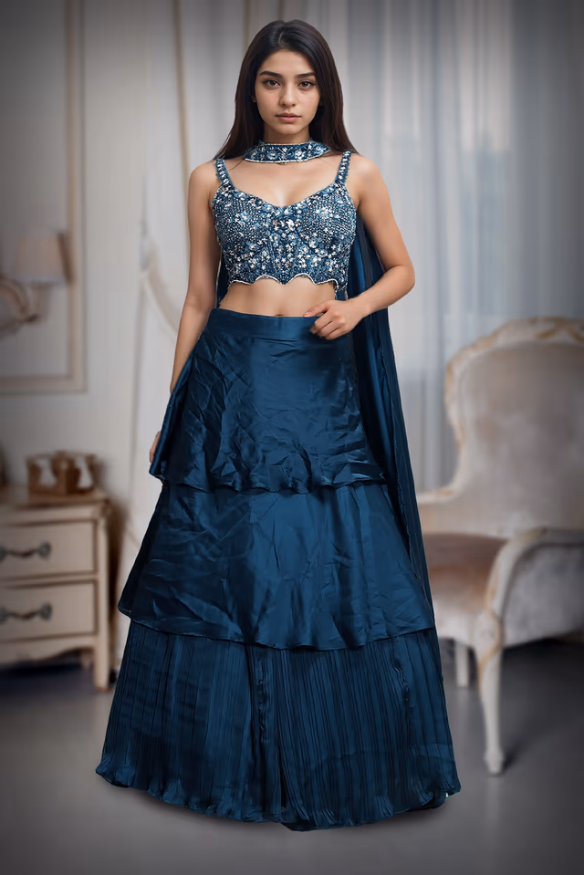 Spruce Blue Multilayered Pre Wedding Lehenga With Same Color Dupatta — back view, rent in Kochi