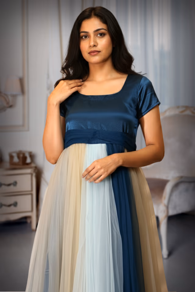 Teal and Multi-Tone Color Block Net Gown with Satin Bodice — rent in Kochi