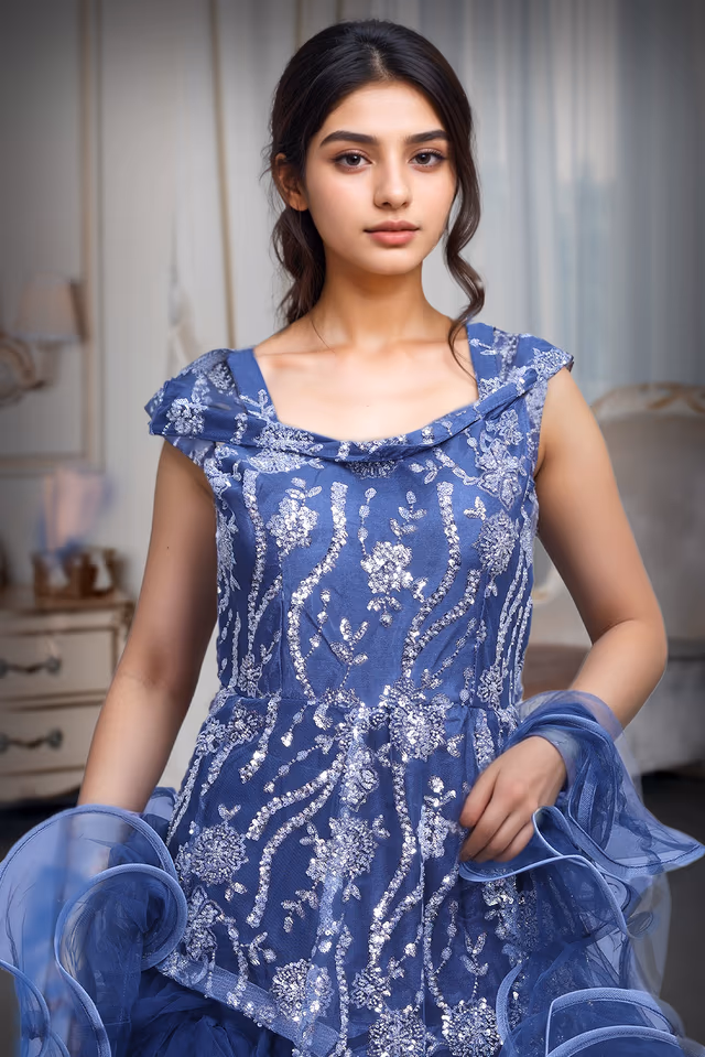 Heavy Threadworked Net Frill Royal Gown With Detailed Sleeve Embellishments — rent in Coimbatore