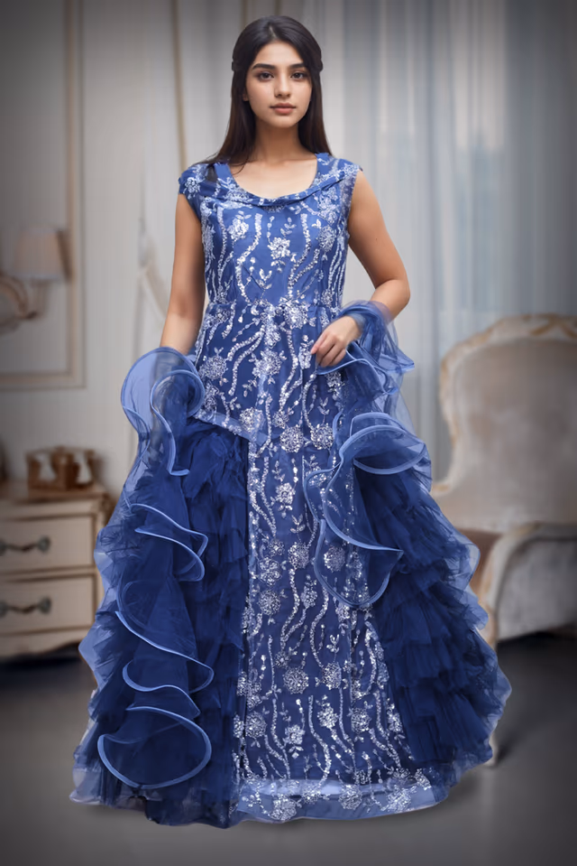 Heavy Threadworked Net Frill Royal Gown With Detailed Sleeve Embellishments — back view, rent in Coimbatore