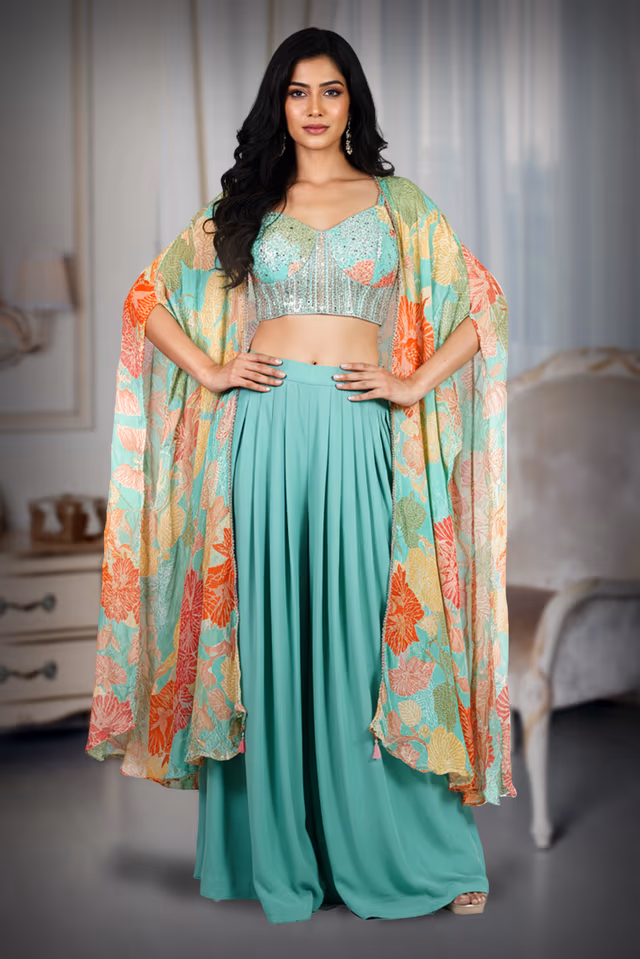 Turquoise Indo-Western Skirt & Cape Set with Embellished Blouse & Floral Cape — back view, rent in Bangalore