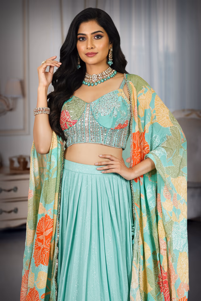 Turquoise Indo-Western Skirt & Cape Set with Embellished Blouse & Floral Cape — rent in Bangalore