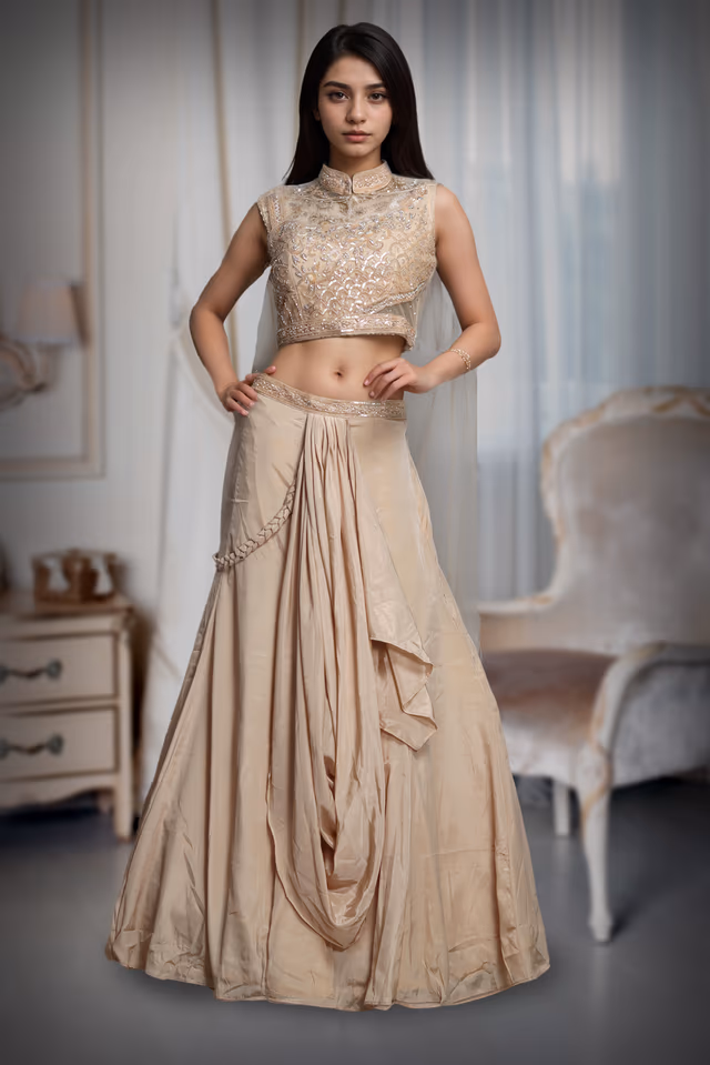 Warm Ivory Indowestern Draped Skirt With Crop Top And Single Side Cape — back view, rent in Coimbatore
