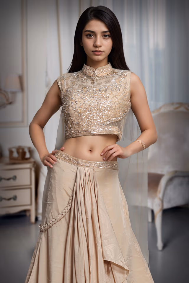 Warm Ivory Indowestern Draped Skirt With Crop Top And Single Side Cape — rent in Coimbatore
