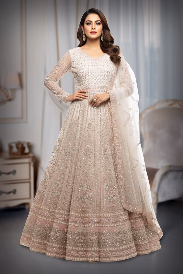 White Anarkali Features Intricate Sequin Embellishments Detailed Embroidery And A Matching… — back view, rent in Calicut