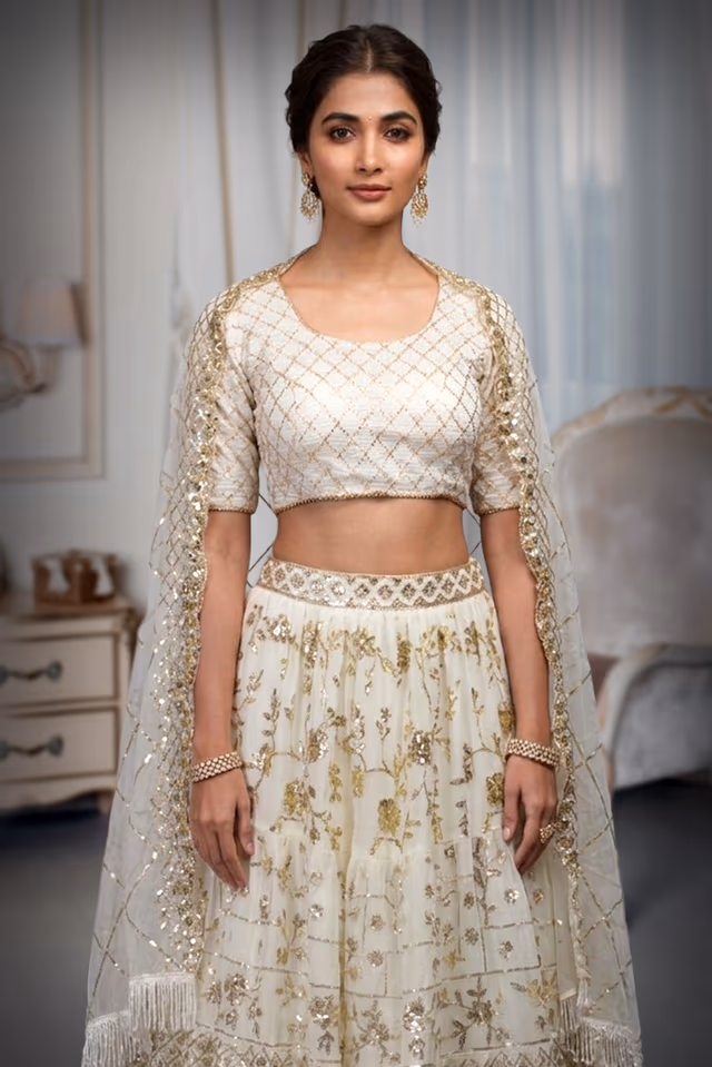 White Georgette Lehenga With Eccentric Golden Sequin Work With Heavy Detailed Blouse And Same Colour… — rent in Coimbatore