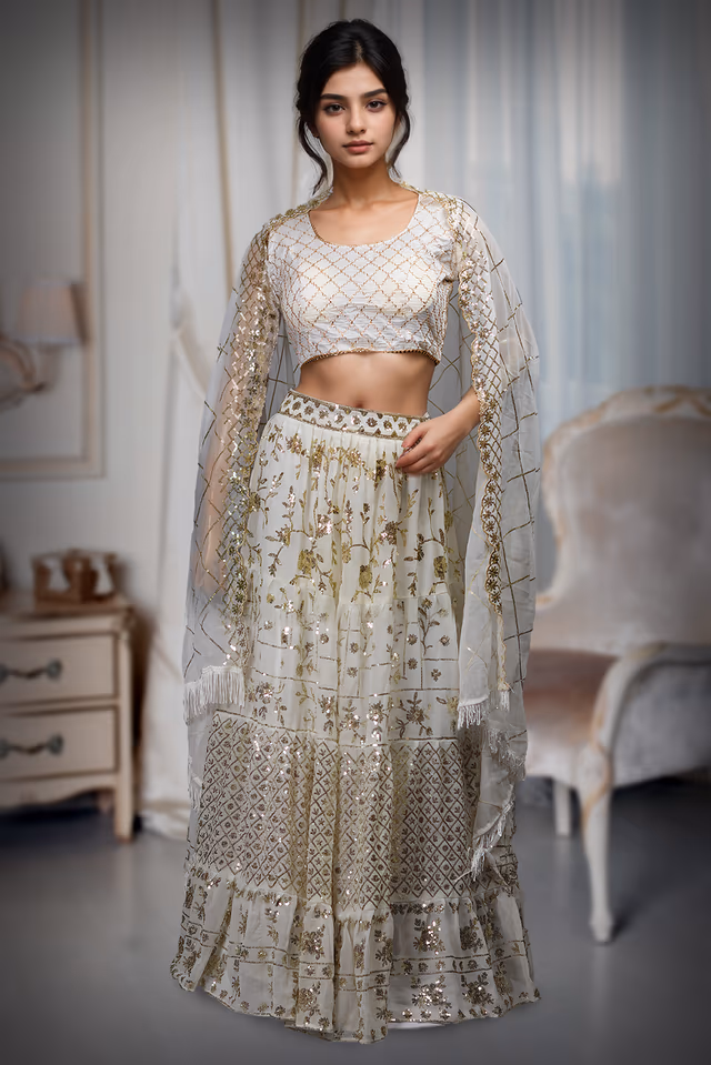 White Georgette Lehenga With Eccentric Golden Sequin Work With Heavy Detailed Blouse And… — back view, rent in Coimbatore
