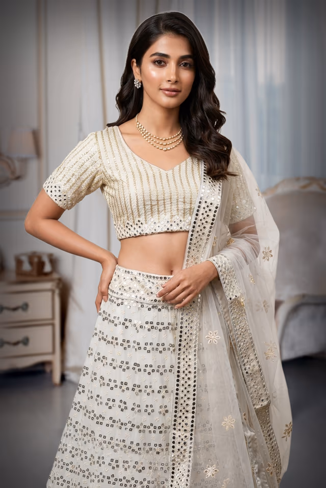 White Georgette Lehenga With Exquisite Mirror Work With Heavy Detailed Blouse And Same Colour Dupatta — rent in Coimbatore